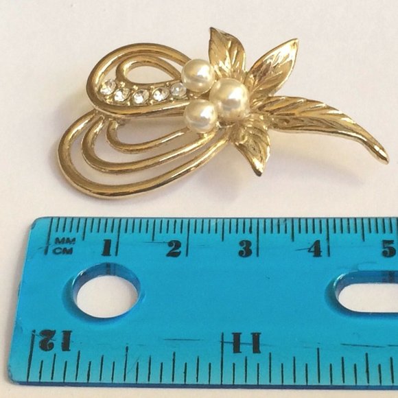 Vintage Pearl Oak Leaf Pin Brooch Fall Jewelry Crystal Flower Gold Plated Deco - Picture 11 of 11